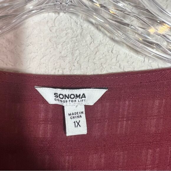 Sonoma Red Geometric Tie Neck Long Sleeves‎ Pleated Top Women's Plus Size 1X - Picture 2 of 7